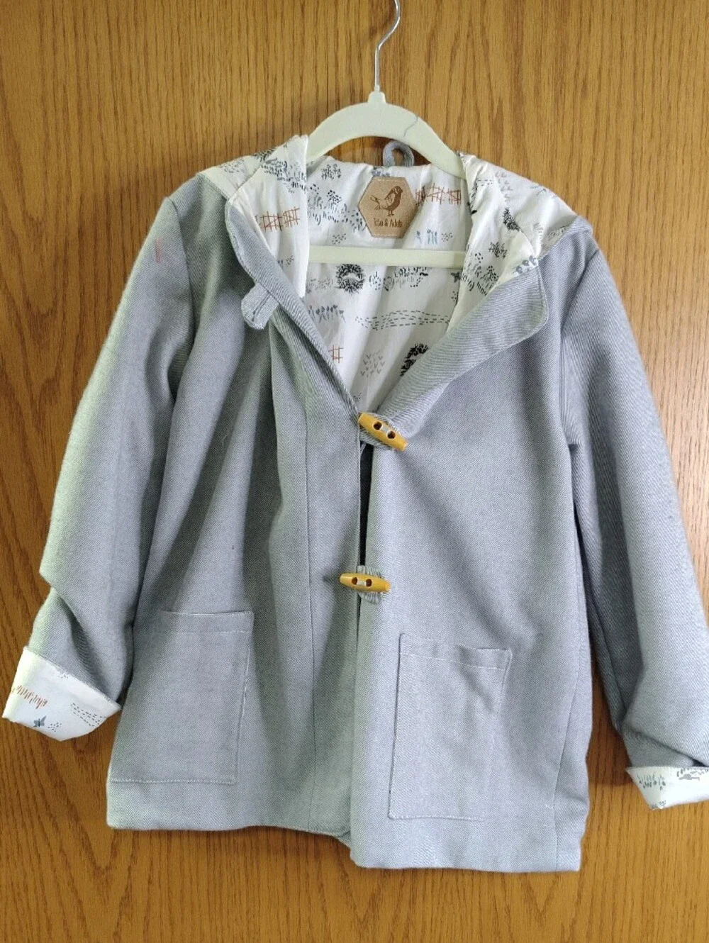 Children's Light Gray Hooded Toggle Coat with Printed Lining
